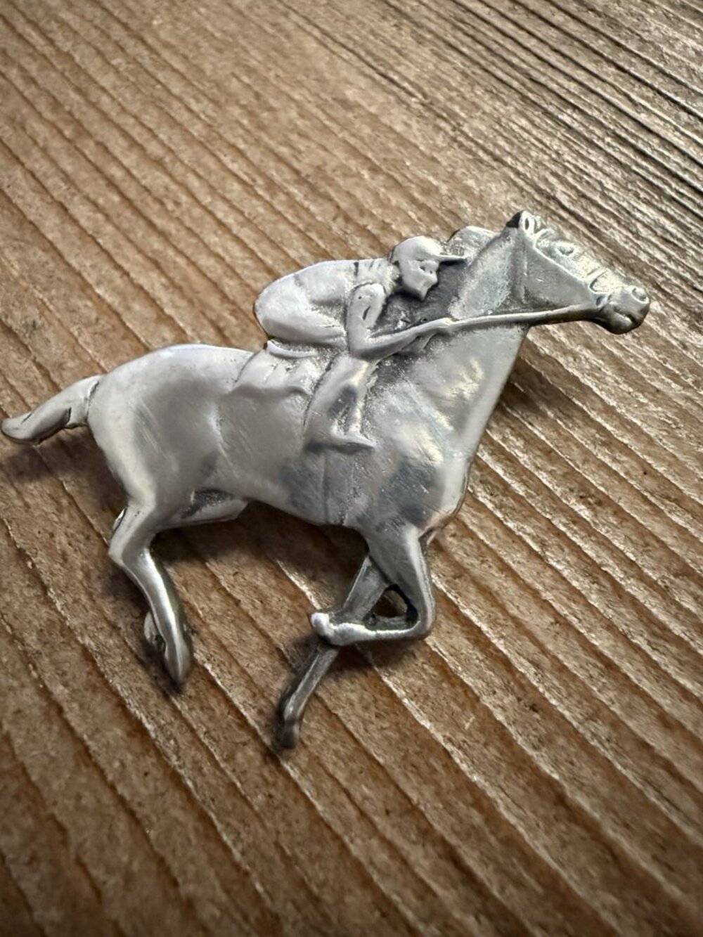 Horse Racing Pin Brooch Kentucky Derby Jockey Vintage Silver Pewter USA